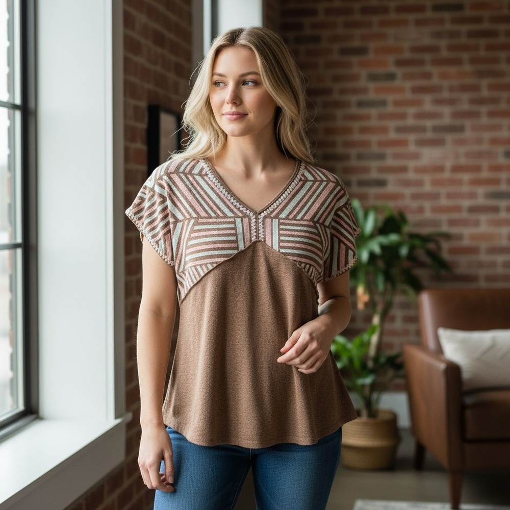 Savanna Jane Embroidered V-Neck High-Low Top Brown Large